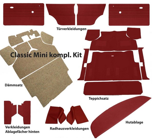 Kompletter Innenraum Kit für Classic Mini in Dunkelrot Grenadine